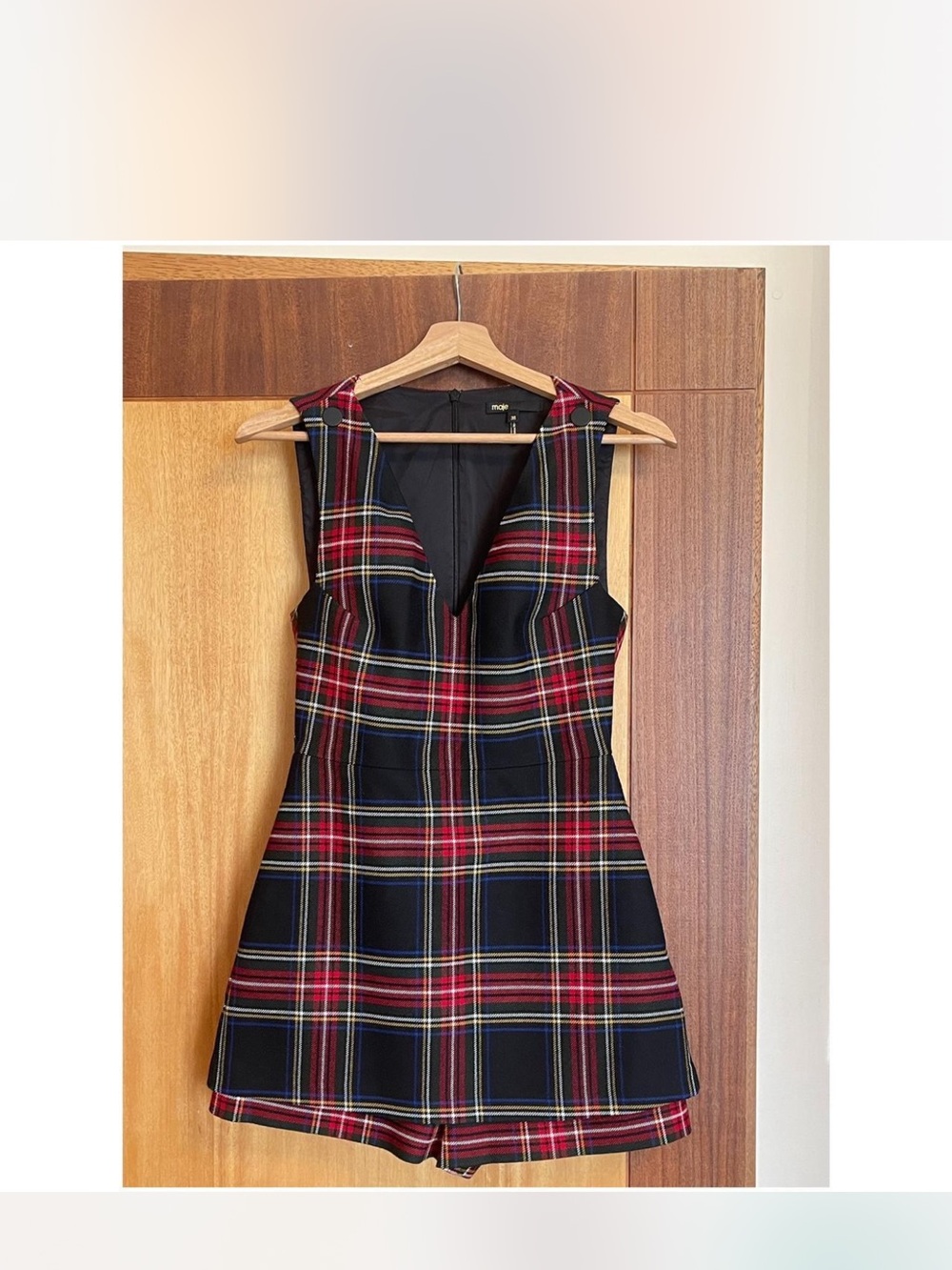 Maje Sleeveless Plaid V-Neck Romper - Black and Red